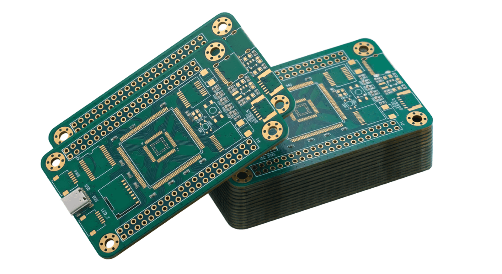A stack of green multi-layer printed circuit boards with gold-plated vias, mounting holes, and a USB-C connector